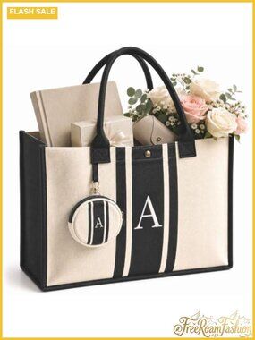 Monogrammed Initial Canvas Tote Bag Zip Pouch Cotton Women Gift
